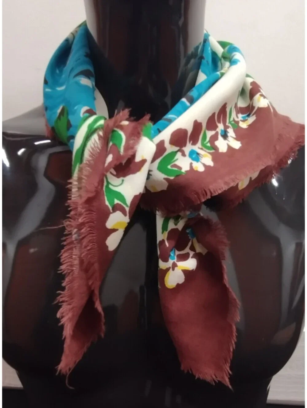 Vintage 1940s Turquoise Roses Cowboy Scarf 1950s Unisex Rockabilly Brown Rayon
